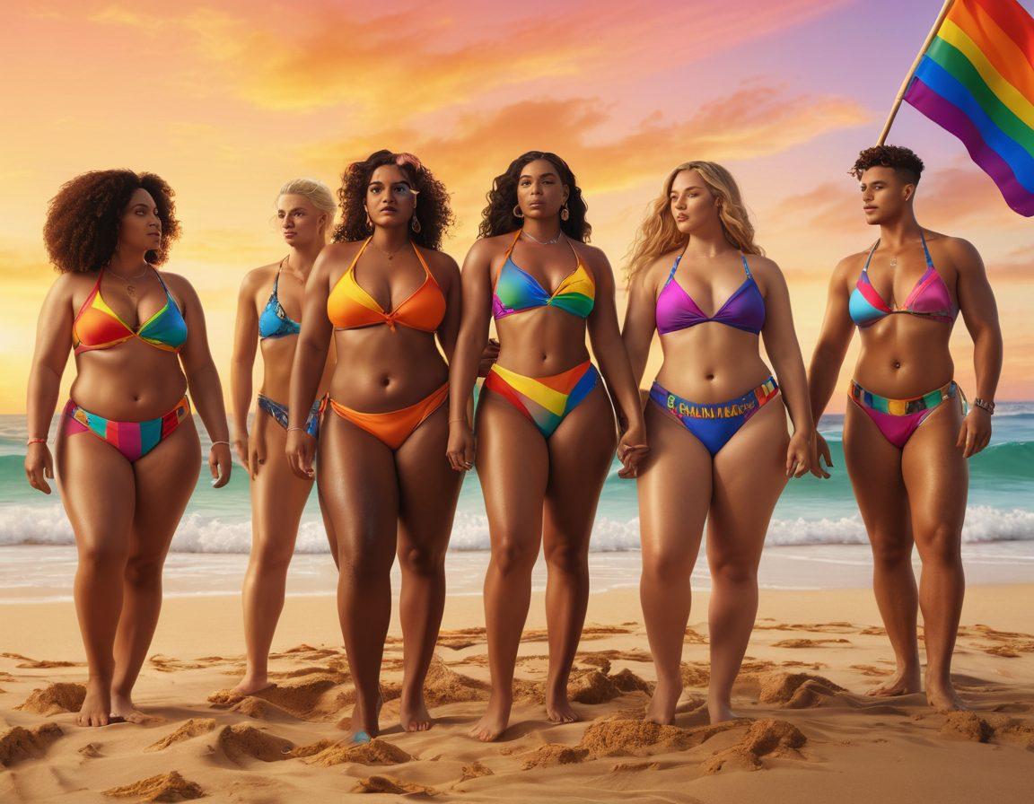 A colorful scene depicting various swimwear styles being worn by diverse characters of different body types and genders at a vibrant beach. Include elements of LGBTQ pride, such as rainbow flags and accessories, while showcasing cinematic elements like a film camera in the sand. The background features a bright sunset with waves crashing gently. super-realistic. vibrant colors. 3D.